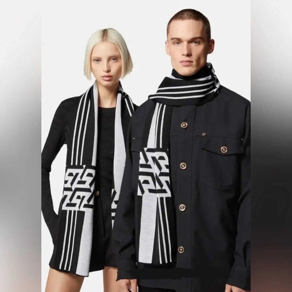Versace La Greca Greek Key Long Scarf in Black and White Wool Unisex